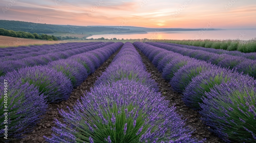 Obraz premium Lavender field at sunrise over lake