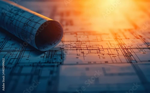 A detailed blueprint glowing softly, symbolizing precise business execution and long-term planning, with soft shadows falling across the design