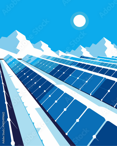 Rows of solar panels framed by a pristine layer of freshly fallen snow silently converting the suns energy into electricity.. Vector illustration