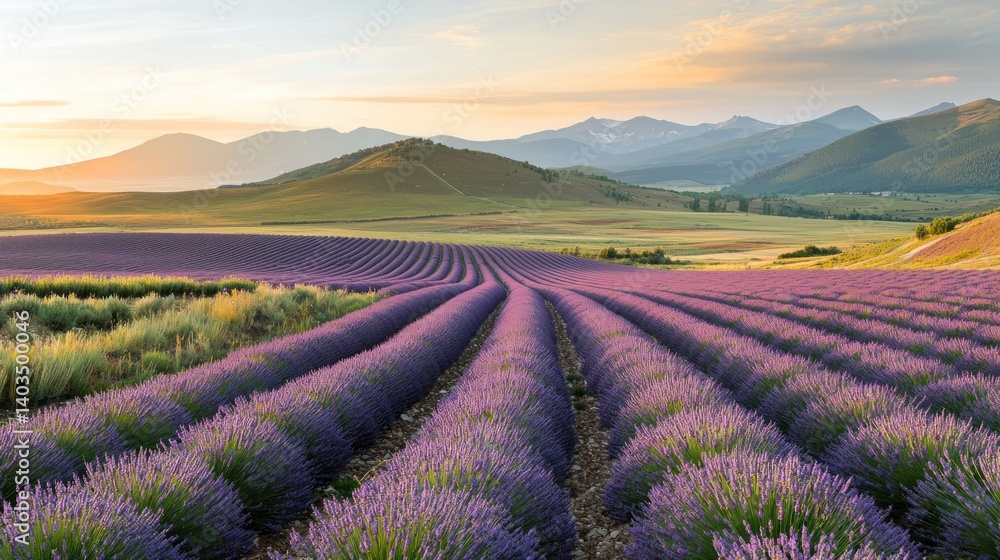 Lavender field at sunrise, rows, mountains Lavender field at sunrise, rows, mountains
