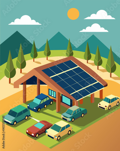 Even the resorts parking lot is powered by solar energy with carports covered in panels providing shade for guests vehicles.. Vector illustration