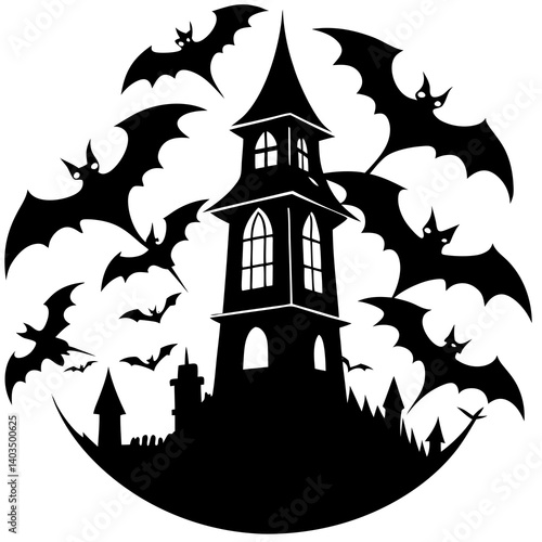 A vector silhouette illustration of several bats circling a tall, gothic tower