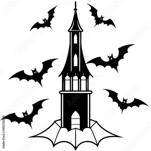 A vector silhouette illustration of several bats circling a tall, gothic tower