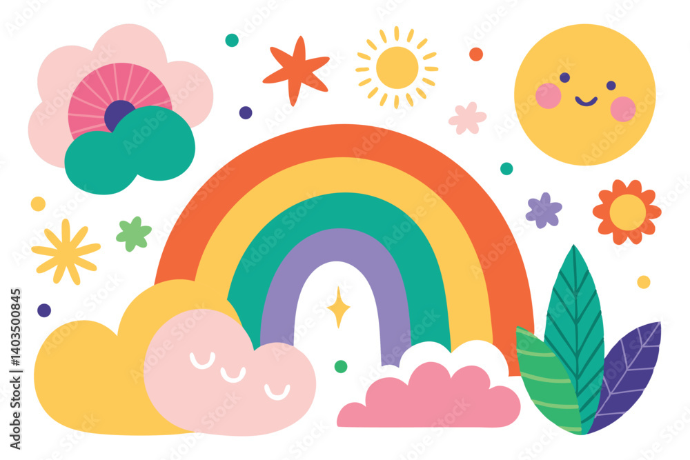 Rainbow Cartoon with Flowers, Clouds and Sun Flat Design on White Background Rainbow Cartoon with Flowers, Clouds and Sun Flat Design on White Background