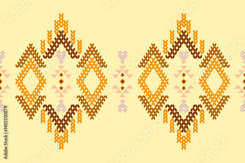 Ikat cross stitch geometric embroidery seamless knitted pattern on damask background. Perfect decorative design for sweater, fabric, decoration, illustration, ornament, texture, textile, interior