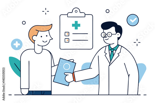 Smiling Doctor and Patient Exchanging Clipboard With White Background