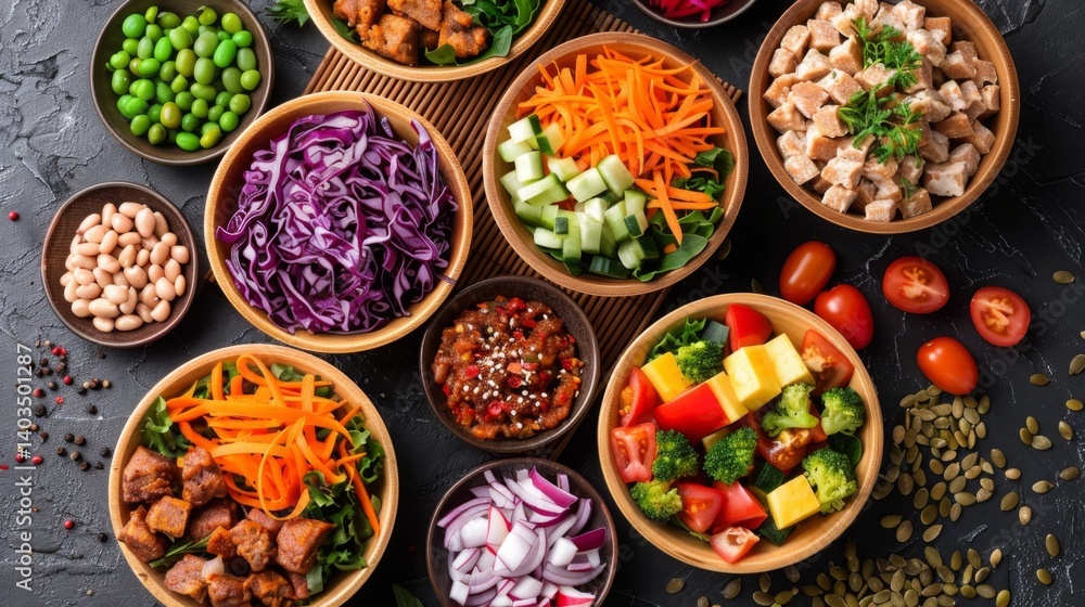 Top view of colorful salad wraps with fresh toppings on a bamboo mat Top view of colorful salad wraps with fresh toppings on a bamboo mat