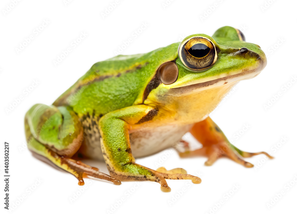 Extreme close up and right side view photo of single green frog isolated on white background and generated with AI Extreme close up and right side view photo of single green frog isolated on white background and generated with AI