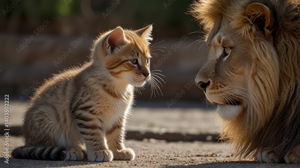 Fototapeta premium Tiny kitten meets imposing lion in a surreal animal kingdom encounter