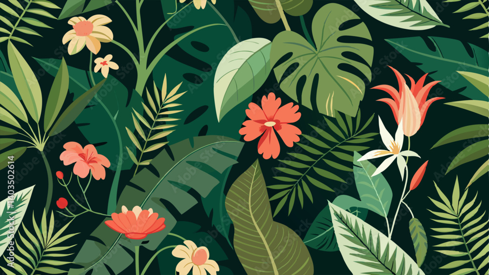 A wall covered in lush wallpaper featuring tropical leaves and flowers.