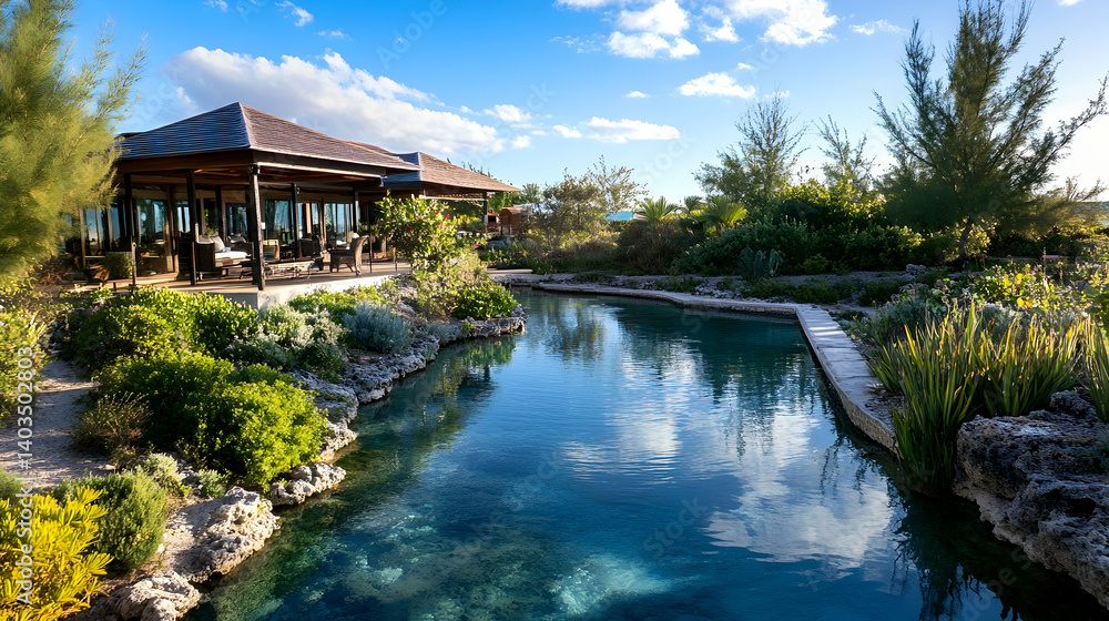 Idyllic waterfront pavilion with lush vegetation and crystal-clear waters Idyllic waterfront pavilion with lush vegetation and crystal-clear waters