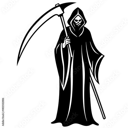 A vector silhouette illustration of the Grim Reaper. The figure should be cloaked in flowing robes with a hood that hides the face in shadow