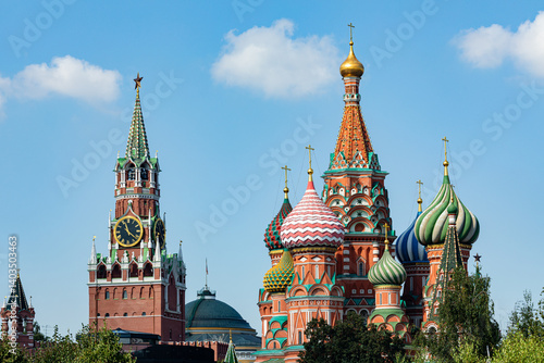 Cathedral of Vasily the Blessed (Saint Basil's Cathedral) and Spasskaya Tower on Red Square in Moscow, Russia