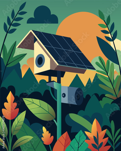 Nestled a dense foliage a solarpowered surveillance camera captures the actions of a group of trespassers on private property.. Vector illustration