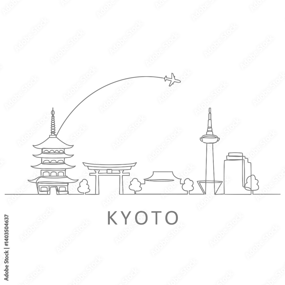 Naklejka premium Kyoto Skyline Minimalist Japan with Line Art.