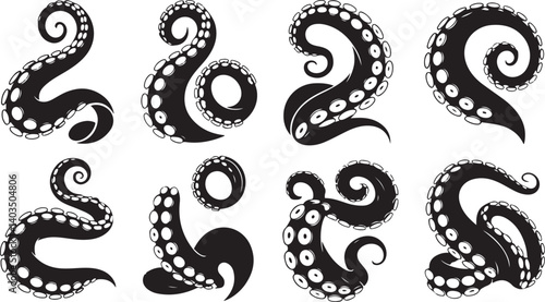 Octopus tentacle vector set cartoon sea monster limbs with suckers, curled shapes, marine creature design for tattoos and graphics