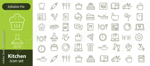 Kitchen Utensil icon set. Editable Stroke Icon Collection. Includes chopping board, cooking pots, frying pan, grater, kitchen scale, and More. Outline icons vector collection.