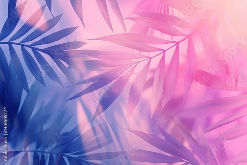 Tropical palm leaves showing vibrant hues of blue and pink light