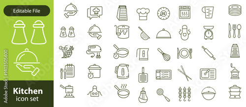 Kitchen Utensil icon set. Editable Stroke Icon Collection. Includes chopping board, cooking pots, frying pan, grater, kitchen scale, and More. Outline icons vector collection.