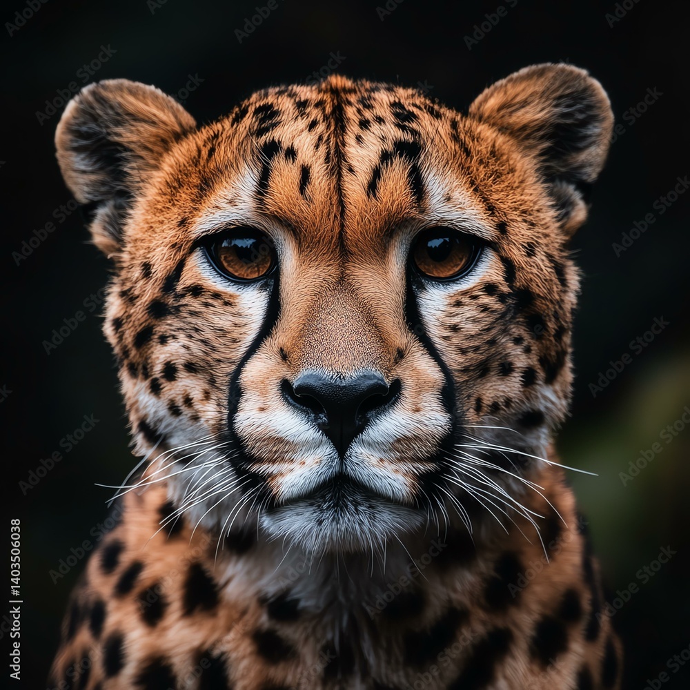 Closeup Cheetah Portrait Intense Gaze and Spotted Coat Against Dark Background Closeup Cheetah Portrait Intense Gaze and Spotted Coat Against Dark Background