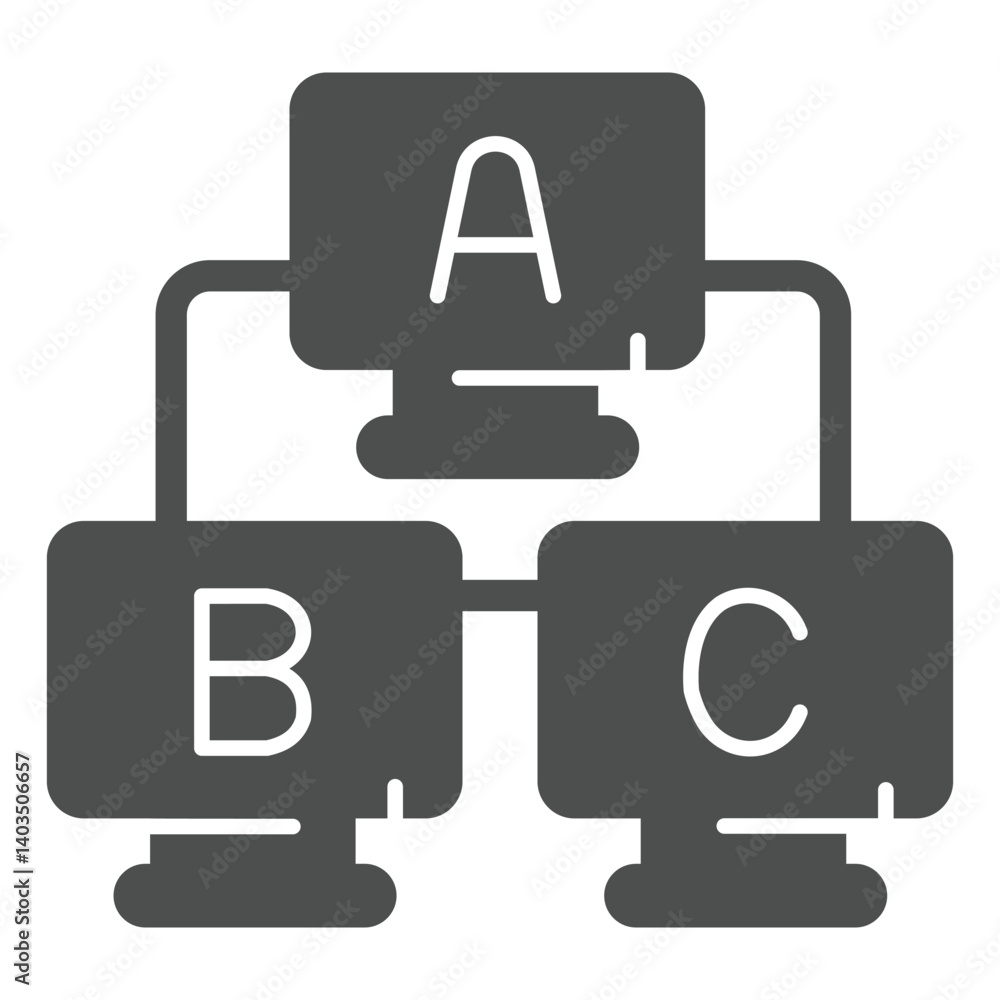 Obraz premium Three desktop monitors with letters solid icon, network concept. Vector graphics. Local area wired connection, net sign on white background, glyph style icon for mobile or web design.