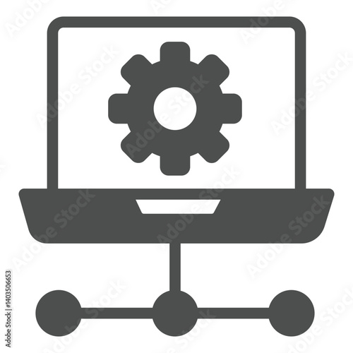 Laptop with cogwheel and wire solid icon, network concept. Vector graphics. Local area wired connection, computer sign on white background, glyph style icon for mobile or web design.
