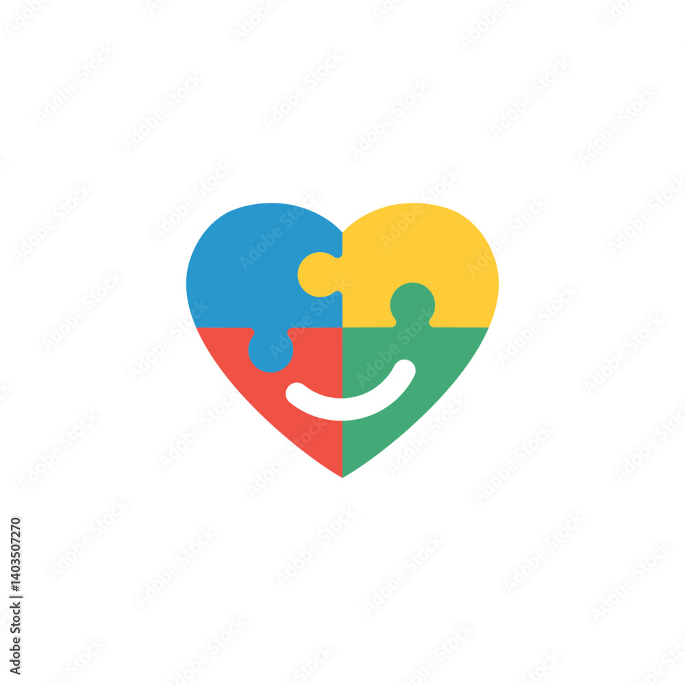 Obraz premium Autism awareness symbol with smiling heart shape and minimalist puzzle.