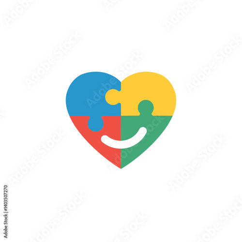 Autism awareness symbol with smiling heart shape and minimalist puzzle.
