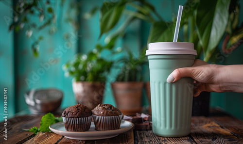 Obraz na płótnie Green Cup and Chocolate Muffins w salonie