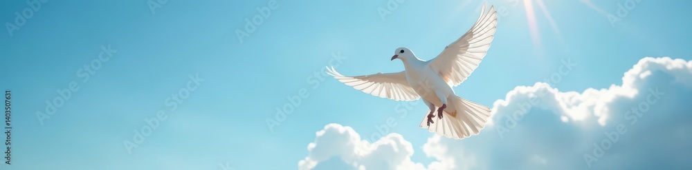 Fototapeta premium White dove in flight, sunlit blue sky, fluffy clouds, cloud, bird, image