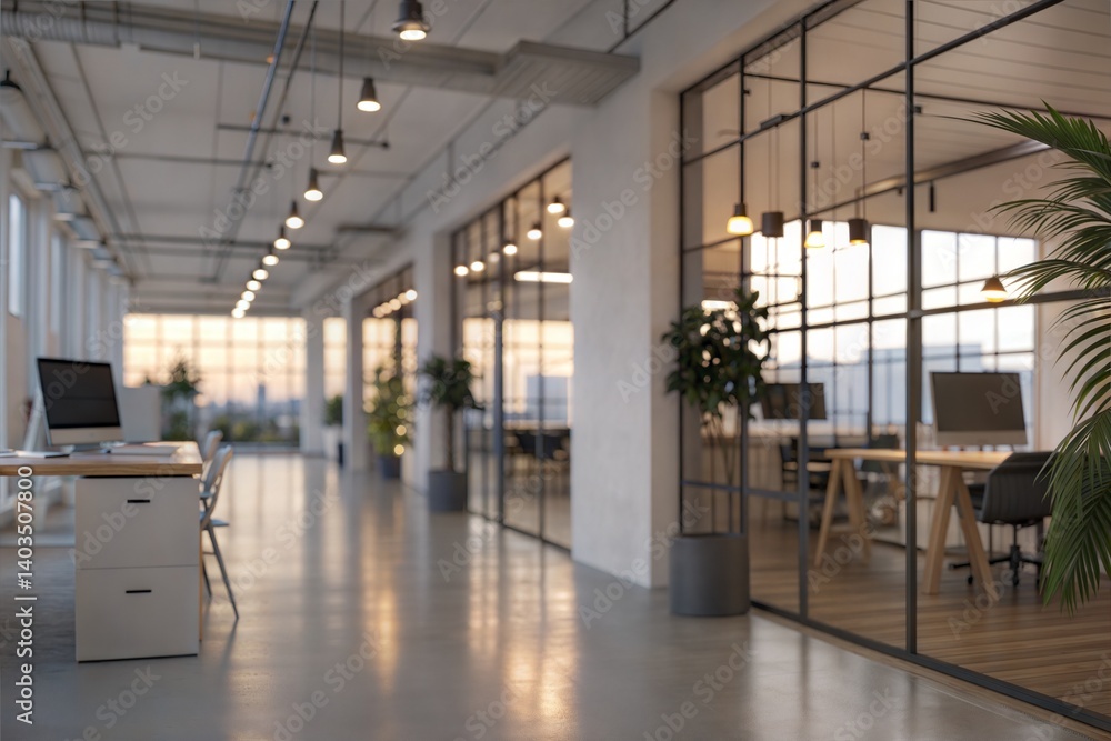 Blurred open office space with soft light reflections, creating a modern and spacious ambiance. (Abstract) Blurred open office space with soft light reflections, creating a modern and spacious ambiance. (Abstract)