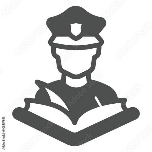 Police officer with book solid icon, family lawyer concept. Vector graphics. Policeman with law book, education sign on white background, glyph style icon for mobile or web design.