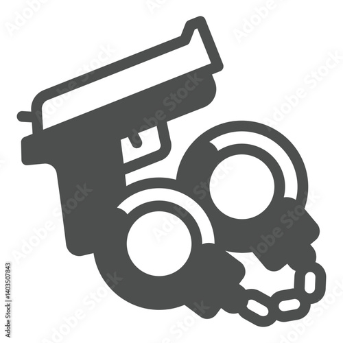 Pistol gun and handcuffs solid icon, family lawyer concept. Vector graphics. Handcuffs with pistol, weapon sign on white background, glyph style icon for mobile or web design.