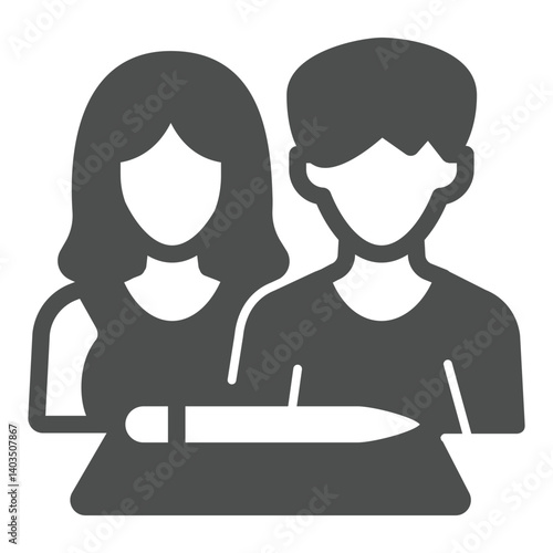 Couple and marriage contract paper solid icon, family lawyer concept. Vector graphics. Document with pen and young couple, people sign on white background, glyph style icon for mobile or web design.