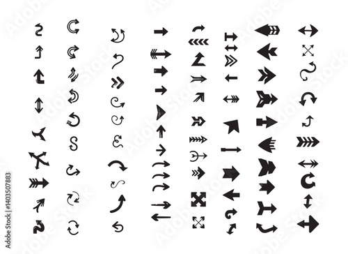 Black arrow vector illustrations with curved and straight designs in smooth handmade silhouette style