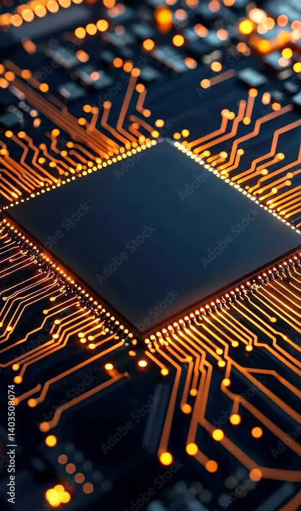A glowing circuit board spreading outwards, symbolizing technological growth and innovation in business, with a dark background