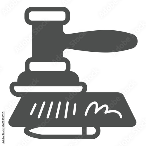 Document with pen and wooden hammer solid icon, family lawyer concept. Vector graphics. Contract and judge gavel, paperwork sign on white background, glyph style icon for mobile or web design.