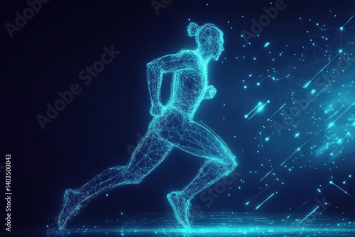 Runner silhouette in glowing digital wireframe mesh captured in motion freeze showcasing strength and dynamism