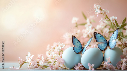 Pastel Blue Easter eggs with butterflies and flowers
