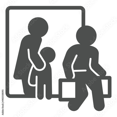 Woman stay with child and man go away solid icon, family lawyer concept. Vector graphics. Marriage problem, human rights sign on white background, glyph style icon for mobile or web design.