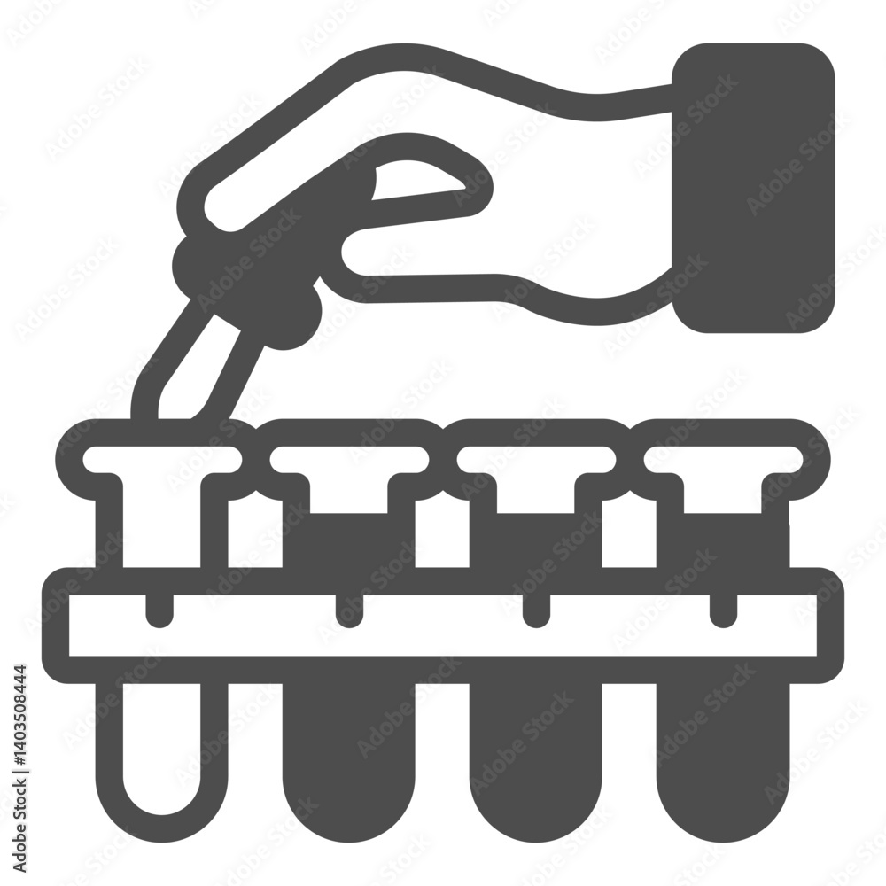 Laboratory flasks and hand with pipette solid icon, pharmacy concept. Vector graphics. Medical experiment, test sign on white background, glyph style icon for mobile or web design. Laboratory flasks and hand with pipette solid icon, pharmacy concept. Vector graphics. Medical experiment, test sign on white background, glyph style icon for mobile or web design.
