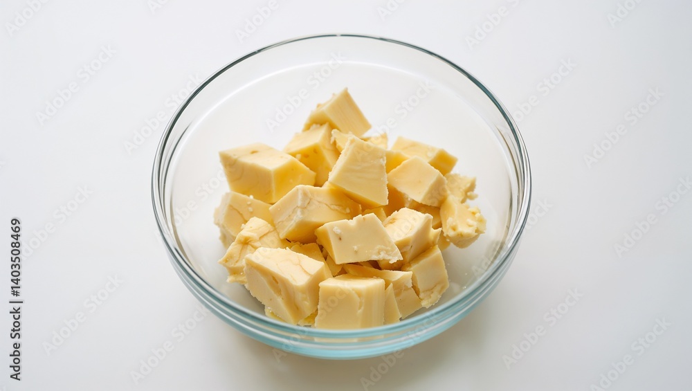 Chopped raw cocoa butter in glass bowl on white background. Chopped raw cocoa butter in glass bowl on white background.