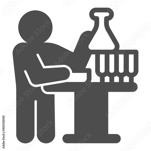 Chemist man with glass beaker on table solid icon, pharmacy concept. Vector graphics. Laboratory worker with flasks, glassware sign on white background, glyph style icon for mobile or web design.