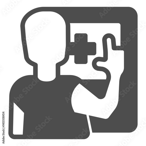 Customer with medical machine solid icon, pharmacy concept. Vector graphics. Man with touch screen and medical cross, healthcare sign on white background, glyph style icon for mobile or web design.