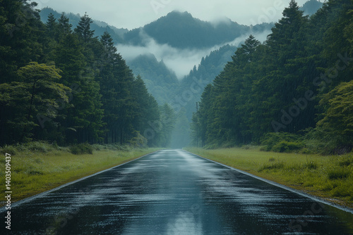 Rainy Road Through Japanese Countryside with Forest on Both Sides