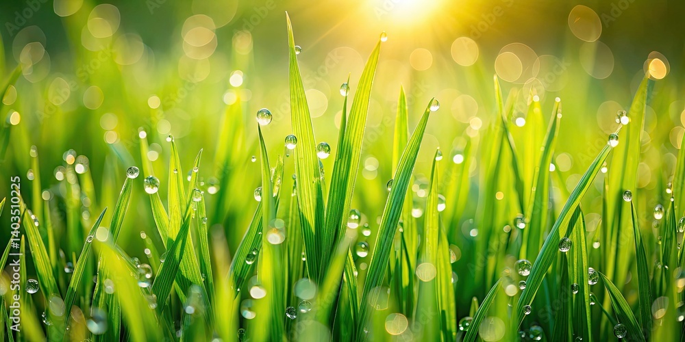 Fototapeta premium Aerial Dewy Green Grass Close Up, Warm Sunlight, Cultivated Field, Lush Nature, Copy Space, High-Resolution Photo