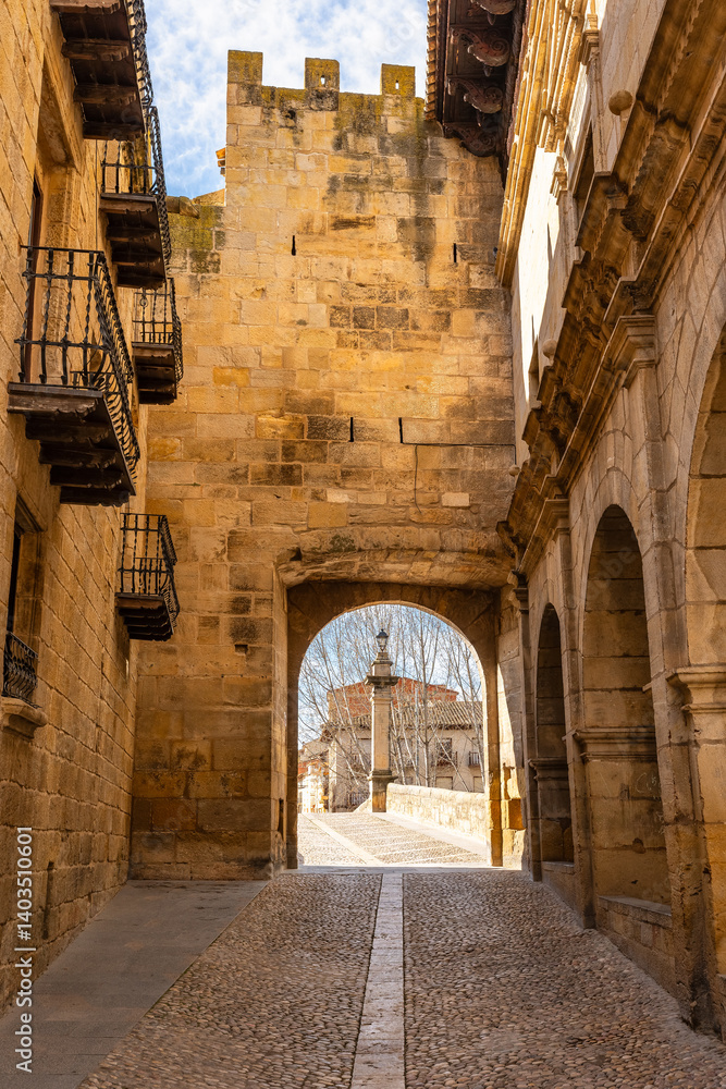 Stone arch with medieval buildings at the entrance to the tourist village of Valderrobres, Teruel.