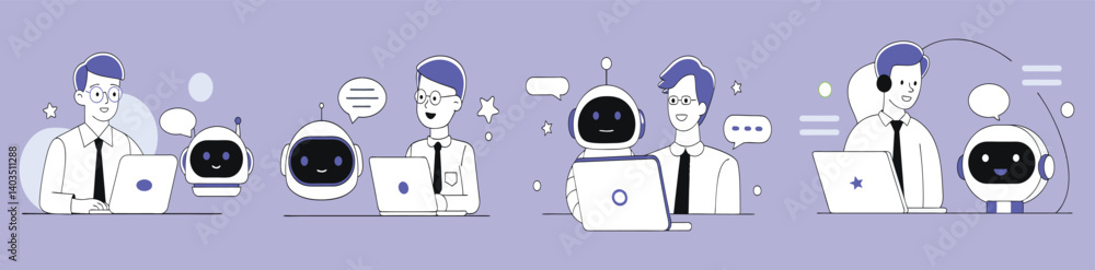 AI technology set. Characters using artificial intelligence generative tools for business AI technology set. Characters using artificial intelligence generative tools for business