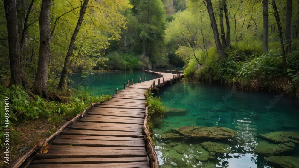 Naklejka premium Beautiful wooden path in Plitvice Lake, Croatia.