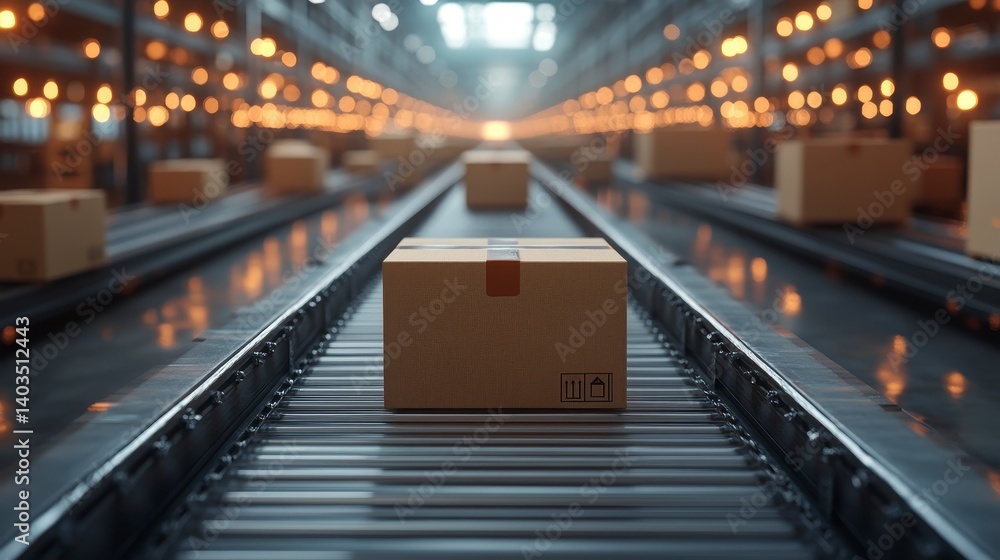 Boxes move along a conveyor in a warehouse under warm lighting Boxes move along a conveyor in a warehouse under warm lighting